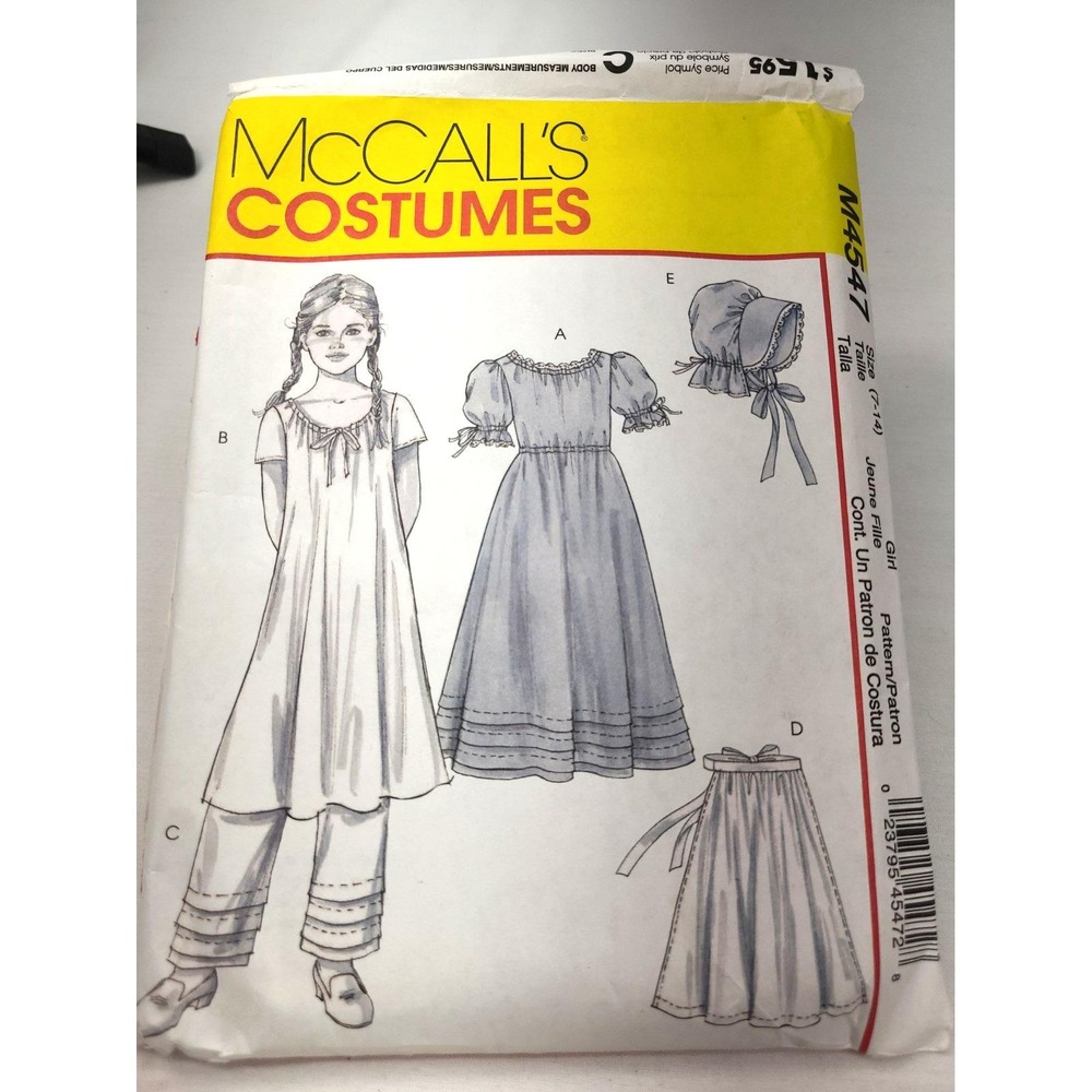 McCalls 4547 Pattern Girl Prairie Colonial Dress Kid Sz 7-14 Bonnet Costume Cut